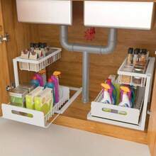 2-Tier Sliding Drawer Plastic Material Sink Organizer Rack, Multifunctional Kitchen & Bathroom Storage Solution, Black Sink Organizer And Cabinet