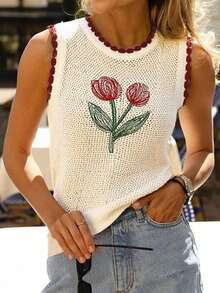 Women Floral Printed Elegant Knit Top, Simple Embroidered Hollow, Daily Wear, Travel, Date Night, All Seasons