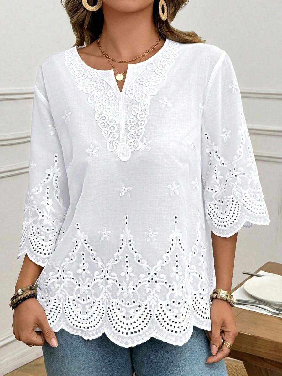 Blus Lengan 3/4 Leher V Berenda Modis, Koleksi Terbaru Musim Semi/Panas Warna Putih - Putih - View 1