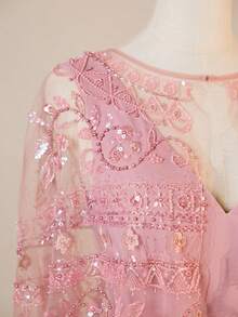 Glamorous Heavily Embroidered Floral V-Neck Sleeveless Dress With Shawl - Pink - View 2