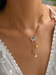 1 bông tai nữ bằng thép không gỉ hình bướm nhiều màu và hình giọt nước đính đá Zirconia, trang sức thời trang mạ vàng 18K - Vàng - Xem 3