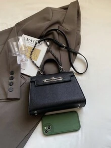 高级简约风格纯色女士手提包，时尚简约可调节肩带斜挎包，优雅五金锁扣单肩托特包，锁扣多功能轻便斜挎包 - 黑色 - 查看 8