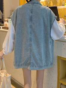 Las mujeres de mezclilla chaleco suelto fuera de desgaste versátil versión coreana de los hombros sin mangas ropa de trabajo chaqueta de mezclilla - Azul - Ver 2