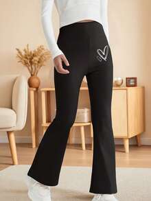 少女心印花喇叭裤，黑色百搭紧身打底裤，儿童瑜伽裤，优雅高弹阔腿裤 - 黑色 - 查看 1