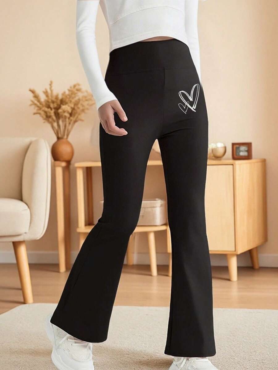 少女心印花喇叭裤,黑色百搭紧身打底裤,儿童瑜伽裤,优雅高弹阔腿裤 - 黑色 - 查看 1
