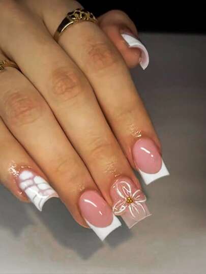 10pcs Y2K Style Nude Pink Background&White Edge 3D Flower Press On Nails - Pure Handmade White Checkered Square Nail - With Nude Pink As The Main Tone, Matching White French Edge, Three-Dimensional Transparent Flower Matching Gold Stamen False Nail - Sweet And Fresh, Necessary Nails In Summer And Autumn - Suitable For Daily, Campus, Party Use, The Best Gift For Women And Girls