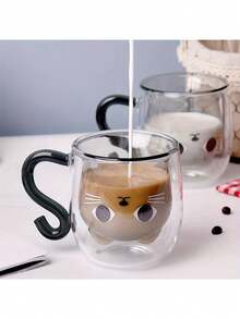Joivida 1pc, Cup Coffee Cartoon Kitten Glass Coffee Mug, Double-Walled Espresso Coffee Cups, Heat Insulated Water Cups, Cute Kawaii Cat Drinkware, Birthday Gifts Back To School