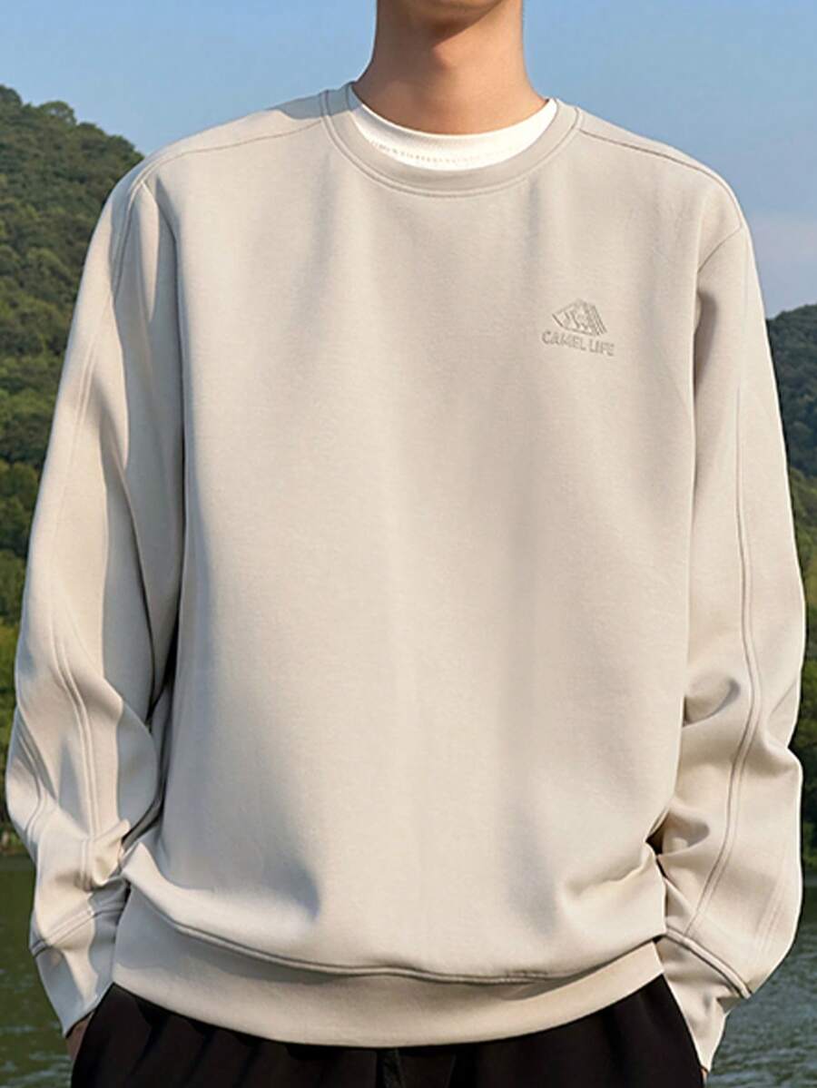 CAMEL CROWN Men's Solid Color Crew Neck Long Sleeve Pullover Sweatshirt - Light Khaki - View 1