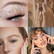 3 pièces Bijoux de visage en forme de goutte d'eau auto-adhésifs - Design étincelant | Facile à créer pour le maquillage de festival pour Halloween, Noël, les fêtes rave et les carnavals | Autocollants brillants convenant aux hommes et aux femmes, look de concert, pierres de visage - Blanc - Voir 4