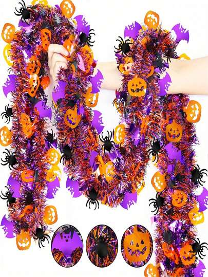 1/3pcs,19.68ft Halloween Tinsel Garland With Orange Pumpkins, Black Spiders & Purple Bats - Shiny Metallic Twist Garland For Indoor/Outdoor Party Decorations, Home & Tree Decoration, Halloween Decorations Home Decor Room Decor