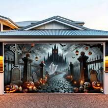 1 Stück lebendiges Halloween Garagentor Cover Banner - Spukhaus Thema Vinyl Kulisse für Gartenparty Dekoration, Große 180x400cm 2D Dekoration