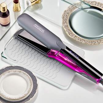  Plancha alisadora y rizadora ANGENIL Pro de titanio, de 1.75 pulgadas de ancho, de doble voltaje 100-240V, calentamiento súper rápido en 30 segundos hasta 200°C (390°F), pantalla LCD grande, con alfombrilla resistente al calor