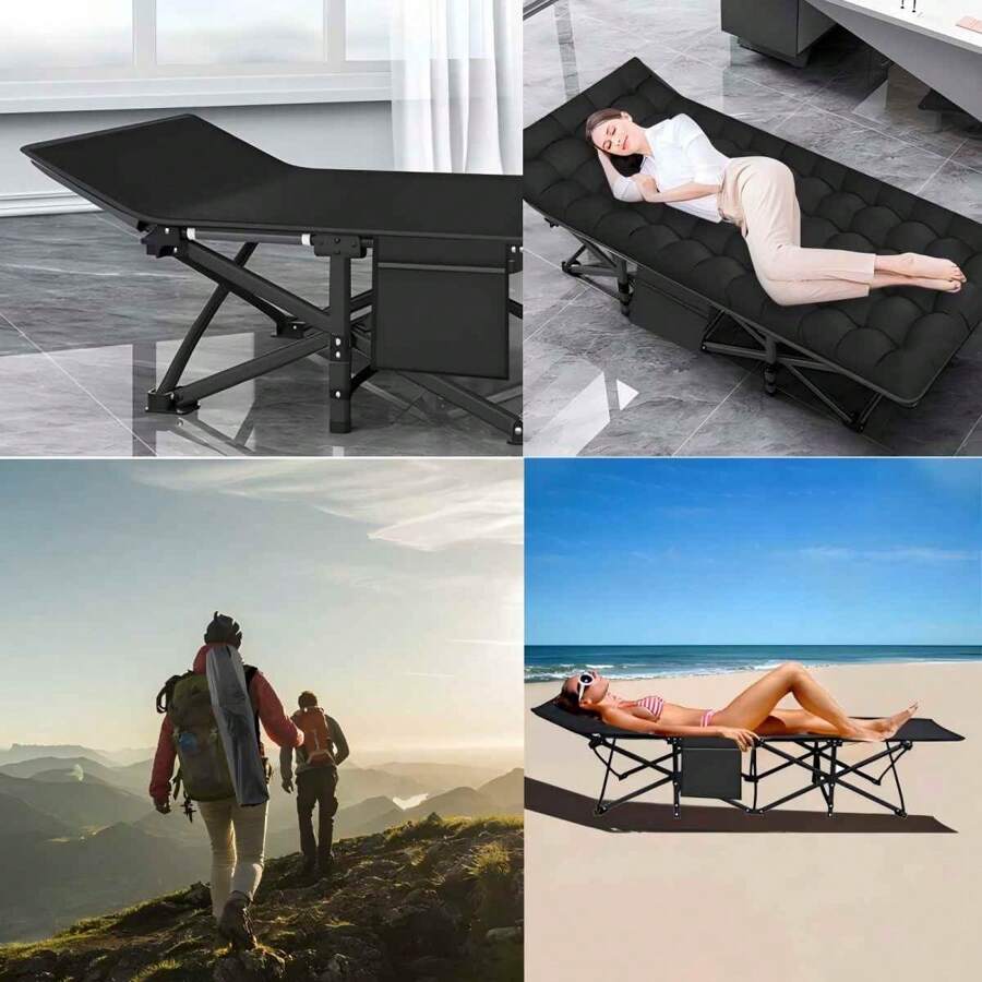 Cama plegable de exterior:Cama plegable resistente de 190 x 80 cm (300 lb), estructura de hierro portátil, ideal para oficina, exteriores o uso doméstico, diseño seguro y silencioso, ideal para la salud mental. - Negro - Ver 1