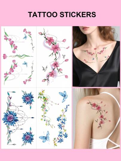 4pcs/Set Temporary Tattoo Stickers, Adult Body Temporary Tattoos, Waterproof & Sweat-Proof, Realistic 3D Design, Personalized For Single Party, Women, Wrist, Arm, Collarbone, Chest, Back, Leg
