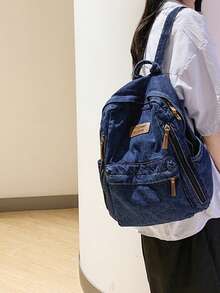 Ransel Wanita dengan Resleting dan Emblem Huruf, Ransel Denim Ringan dengan Motif Cuci, Ransel Kasual Modis Warna Solid untuk Aktivitas Luar Ruangan, Tas Laptop Kapasitas Besar, Tas Sekolah Serbaguna Gaya Kampus, Cocok untuk Mahasiswa, Siswa SMP, Belanja, dan Membawa Dompet - Navy Blue - View 6