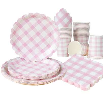 100 pièces Assiettes en papier et serviettes à carreaux rose clair, fournitures de fête, assiettes en papier jetables de 7/9 pouces à carreaux rose clair et blanc, assiettes à motif damier, gobelets en papier, serviettes, convient pour les dîners d'anniversaire, les pique-niques, les barbecues, les fêtes