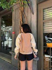 Nakisli Kase Kolej Women Jacket Letter Casual Front Button Pocket Patch - Camel - View 3