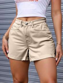 Short beige básico dama verano vacaciones bolsillos dobladillo tiro medio tacto suave stretch ligero - Beis - Ver 3
