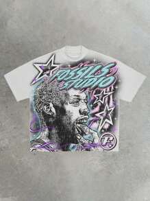 [Y2K Visual Personality Impact T-Shirt] "Fossils Studio" * Personality Patterns (Side Faces Of Characters, Star Elements, Crosses), Retro Craftsmanship, Pure Cotton Tailoring, Y2K Street Style Showing, With "Personality Attitude" As The Core, Interpreting The  Attitude. - 白色 - 查看 1