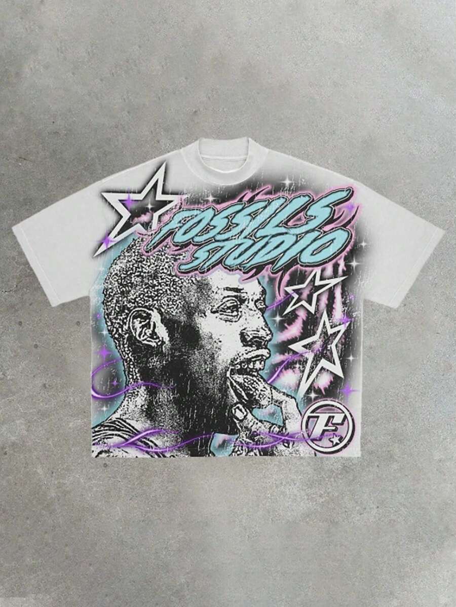 [Y2K Visual Personality Impact T-Shirt] "Fossils Studio" * Personality Patterns (Side Faces Of Characters, Star Elements, Crosses), Retro Craftsmanship, Pure Cotton Tailoring, Y2K Street Style Showing, With "Personality Attitude" As The Core, Interpreting The  Attitude. - 白色 - 查看 1