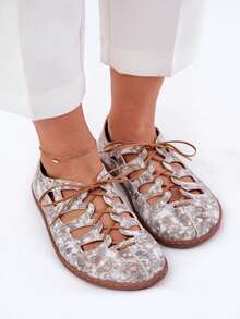 Damskie, sznurowane, płaskie buty casualowe - Złoto - Zobacz 5