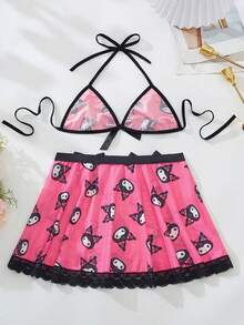 SANRIO 2pcs Women's Pink  Cute Digital Printing,V-Neck,Contrast Lace,Bow Decoration,Three-Point Top&Short Skirt,Sexy Lingerie Set - Black and Pink - View 2