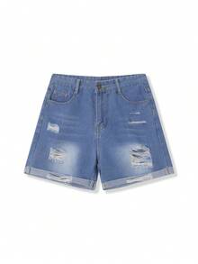 Women's Summer Mid Rise Ripped Stylish Denim Shorts Stretchy Jean Shorts - Blue - View 5