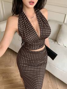 abyoxi ABYOXI Autumn New Product Brown Polka Dots Sexy Deep V-Neck Bareback Strap Short Tank Top And Slim Fold Side Seam Long Dress, Fashionable Two Pieces Set
