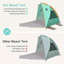 UNICAMPER Beach Tent 3 Person Sun Shelter UPF 50+ With Extended Waterproof Pe Floor & 3 Mesh Roll Up Windows Fits, Portable Beach Shade Easy Setup For Outdoor Camping, Indoor, Fishing, Yard. (Green) - Orange - View 2