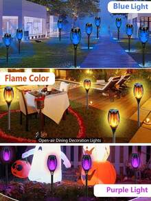 Solar 12LED Flame Torch Light With Flickering Flame Solar Tiki Torch Light-Automatic On/Off Perfect For Garden Path And Outdoor Landscape Pathway Lighting Courtyard And Garden Halloween Decoration (Green) (Purple) (Blue) (Flame Color) Suitable For Various Holiday Decorations For Thanksgiving And Easter Halloween Decorations Lights,6/4/2/1pc - Multicolor - View 2