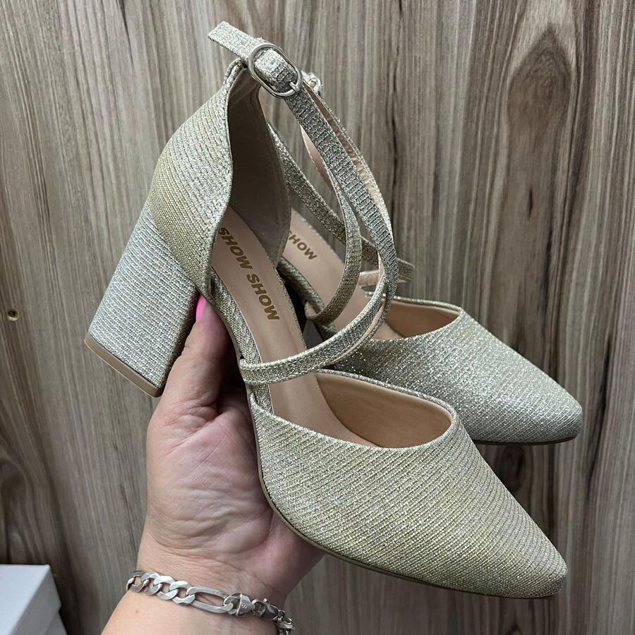 Women's Pumps, Cross Straps, High Heels, 8 Cm, Thick, Elegant Shine, Original Show Show - 淺金色 - 查看 1