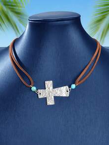 1 件串珠和十字架装饰双层棕色皮革颈链女士西部饰品 - 棕色 - 查看 2