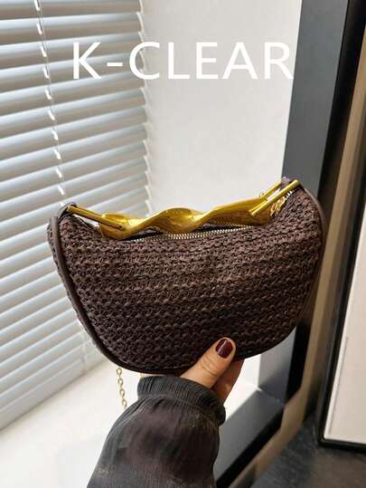 1pc Woven Beach Bag,Women Summer New Metallic Mini Elegance Bag With Metallic Handle. Metallic Gold Top Handle And Removable Crossbody Chain Strap. Lining And Interior Pocket. Zip Closure.Handle Mini Crossbody Zipper Woven Bag, Casual Straw Woven Tote Shoulder Bag, Perfect For Beach & Holiday Accessories, Fashion Summer Vacation Bag, Beach Essentials Women Bags For Vacation & Holiday,Handle Mini Crossbody Zipper Woven Bag,Beach Woven