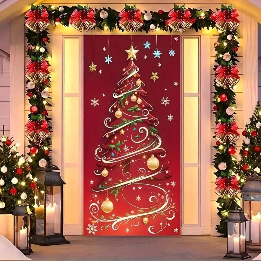 1pc Telescopic Nylon Christmas Door Cover, Holiday Tree Design, Polyester Fiber And Super Elastic Flag, Easy To Install And Clean, Suitable For Various Decorations Of Weddings, Birthdays And General Occasions.