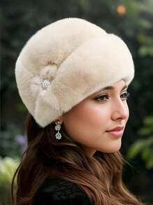 Faux Mink Fur Flower Hat, Fashionable Leather Warm Hat, Thick, Ear-Protective, Windproof, Solid Color, Washable - Suitable For Autumn/Winter Autumn Accessories