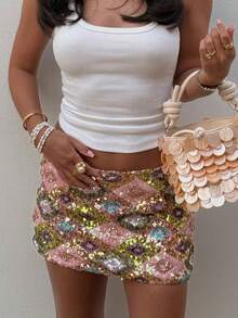 Women's Sequin Sparkly Mini Skirt Glitter Multicolour Pencil Skirts Low Waist Slim Fit Bodycon Party Short Skirt Clubwear - 粉色 - 查看 1