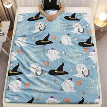 1pc Halloween Themed Plush Flannel Blanket, Featuring Ghost & Spider Web Patterns, Soft & Cozy Cartoon Halloween Themed Blanket, Ideal For Holiday Decor & Gifts, Suitable For Living Room, Bedroom, Office, Camping, Party, Autumn Design, Nap Blanket | Sofa Throw | Air Conditioning Blanket, Multiple Sizes Available, Bedroom Decor Blanket, Blue Blanket
