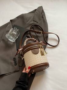 Túi đeo chéo cao cấp đa năng mùa hè dành cho nữ, Túi xô họa tiết dệt phối màu mới - Cà phê - Xem 7