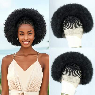 Peluca con trenzas de tipo afro y moño, peluca frontal de encaje sintético de 13x6 pulgadas con cabello de bebé trenzado, para mujeres, estilo de cabello natural para uso diario, fiestas, etc.