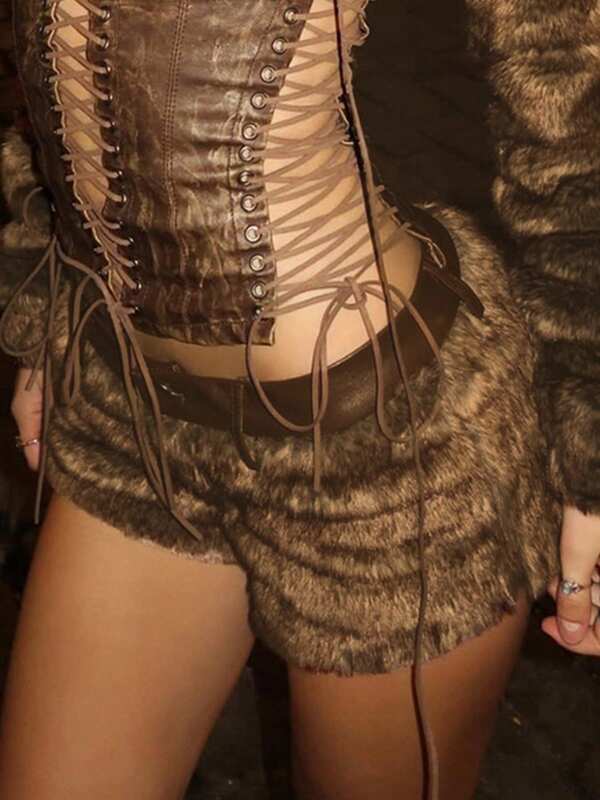 Brown Vintage Patchwork Pu Leather Furry Short Women Autumn Winter Fashion Slim Low-Waisted Mini Short Women Streetwear Lady