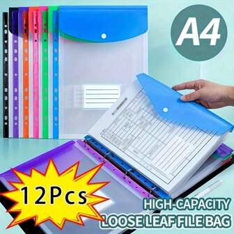 Paquete de 12 carpetas expandibles tamaño A4 con bolsillos de anillas de 11 y cierre con botón, organizador de documentos de plástico PP duradero - Colores vibrantes para organización escolar, de oficina y de viaje, carpetas decorativas, útiles escolares, diseño moderno, cierre seguro, oficina en casa
