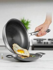 Importeek sartén wok antiadherente inducción base plana cocina asiática preparación alimentos resistente fácil limpieza diseño moderno profesional hogar compatible electricidad gas herramientas chef - Plateado - Ver 1