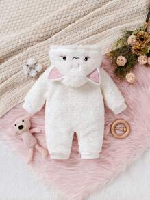 1pc Baby Girls' Long Sleeve Hooded Romper, Cute Cat Design, Double Zipper, Fashion Style Suitable For Newborn