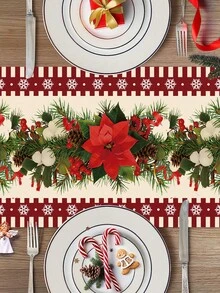 1Pc Christmas Polyester Table Runner Table Cloth Table Cover,Red Snowflake Edge Pine Tree Branch Red Flower Pattern Merry Christmas Table Flag,Christmas Atmospheric Decoration Supplies,Holiday Desktop Decoration,Fireplace Cabinet Decor,Xmas Party Decor,Home Decor,Table Decor,Christmas Decor ,Christmas Ornaments