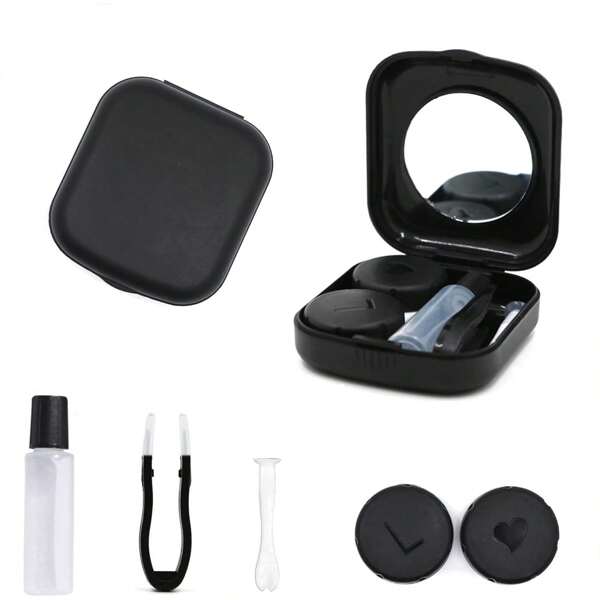 1 pieza Estuche portátil de higiene para lentes de contacto con espejo, pinzas de succión para lentes de contacto y set de viaje, color negro