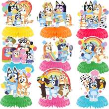 1 套/9 件 Bluey 蜂窝派对装饰架 - 3D 纸质生日餐桌装饰中心装饰，可重复使用可折叠儿童主题蛋糕展示架，带人物