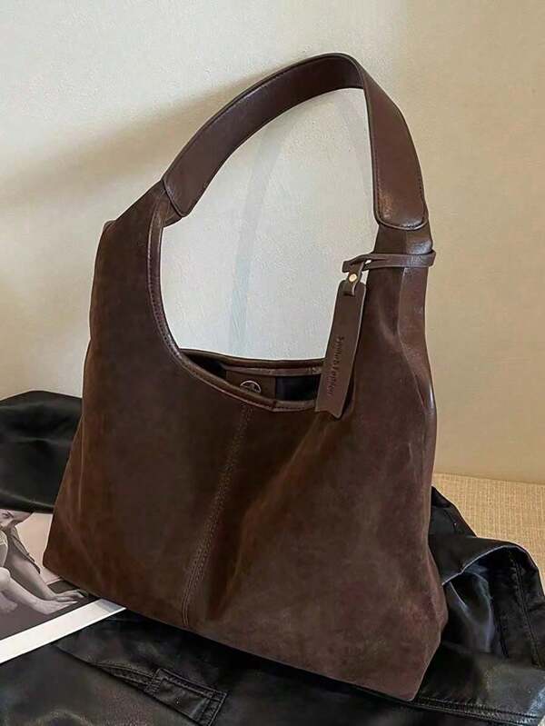 1 pièce Sac fourre-tout en suédine de couleur unie à fermeture magnétique, sac à main en cuir végétalien pour femmes avec poignée supérieure, portefeuille, convient pour les voyages, les achats, les sorties, les cadeaux pour femmes, le travail, les affaires, les trajets domicile-travail