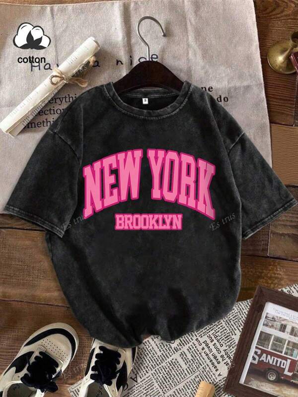 Es Trus Cotton, Summer Women's Fun Print Hip-Hop "NEW YORK" Letter Personalized Pattern Print Street , Korean Comfortable Retro Fashion Commuting All-Match Y2k Clothing Women's Clothing, Suitable For Outdoor Leisure, Regular Niche Punk Style Black Well-Fitting Round Neck Short-Sleeved Washed T-Shirt
