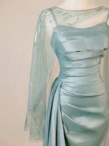 Fall Glamorous Elegant Spaghetti Strap Formal Evening Prom Wedding Guest Gown, With Draped Side,For Graduation, Dinner - Baby Blue - View 5