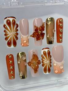 10Pcs Handmade Casket-Shaped Long False Nails, Brown To Gold Ombre Floral & Teardrop 3D Decorative Nail Tips, Fashion Manicure Set With Fruit Jelly Gel, Reusable Press On Nails Nail Supplies Nails - Multicolor - View 3